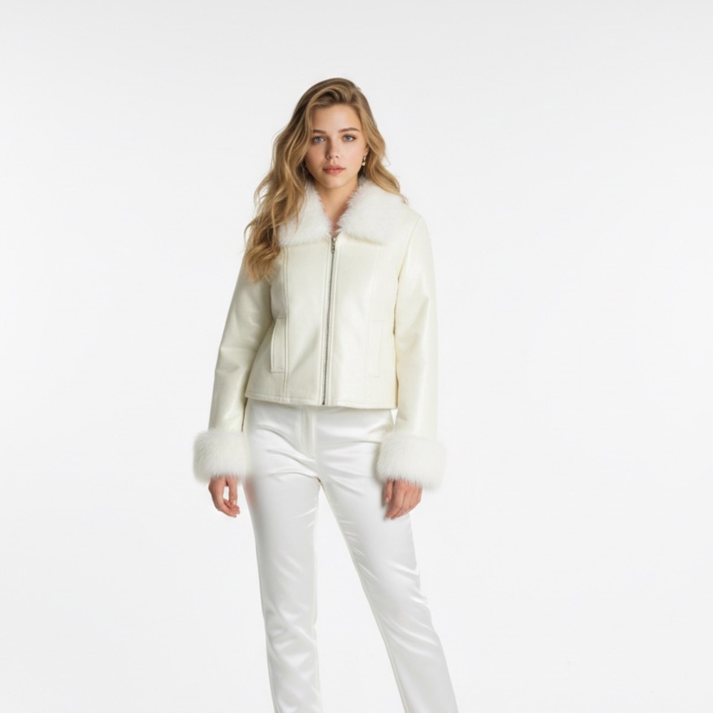 Y2K Vintage In Charge White Faux Leather Jacket w/ Faux Fur Trim Size L
